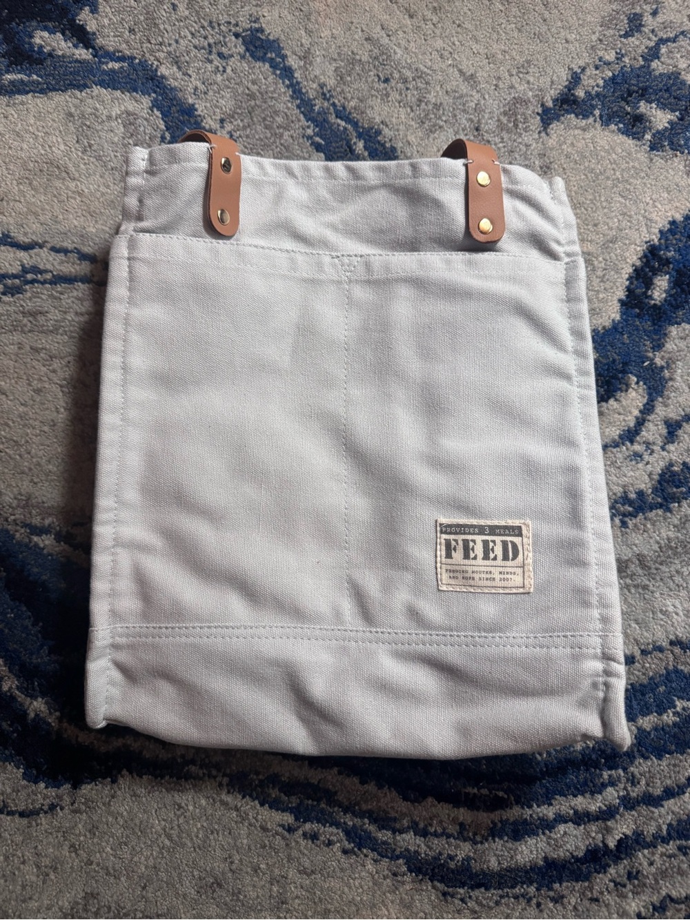 FEED Market Canvas Tote Bag – Light Gray with Tan Leather Straps